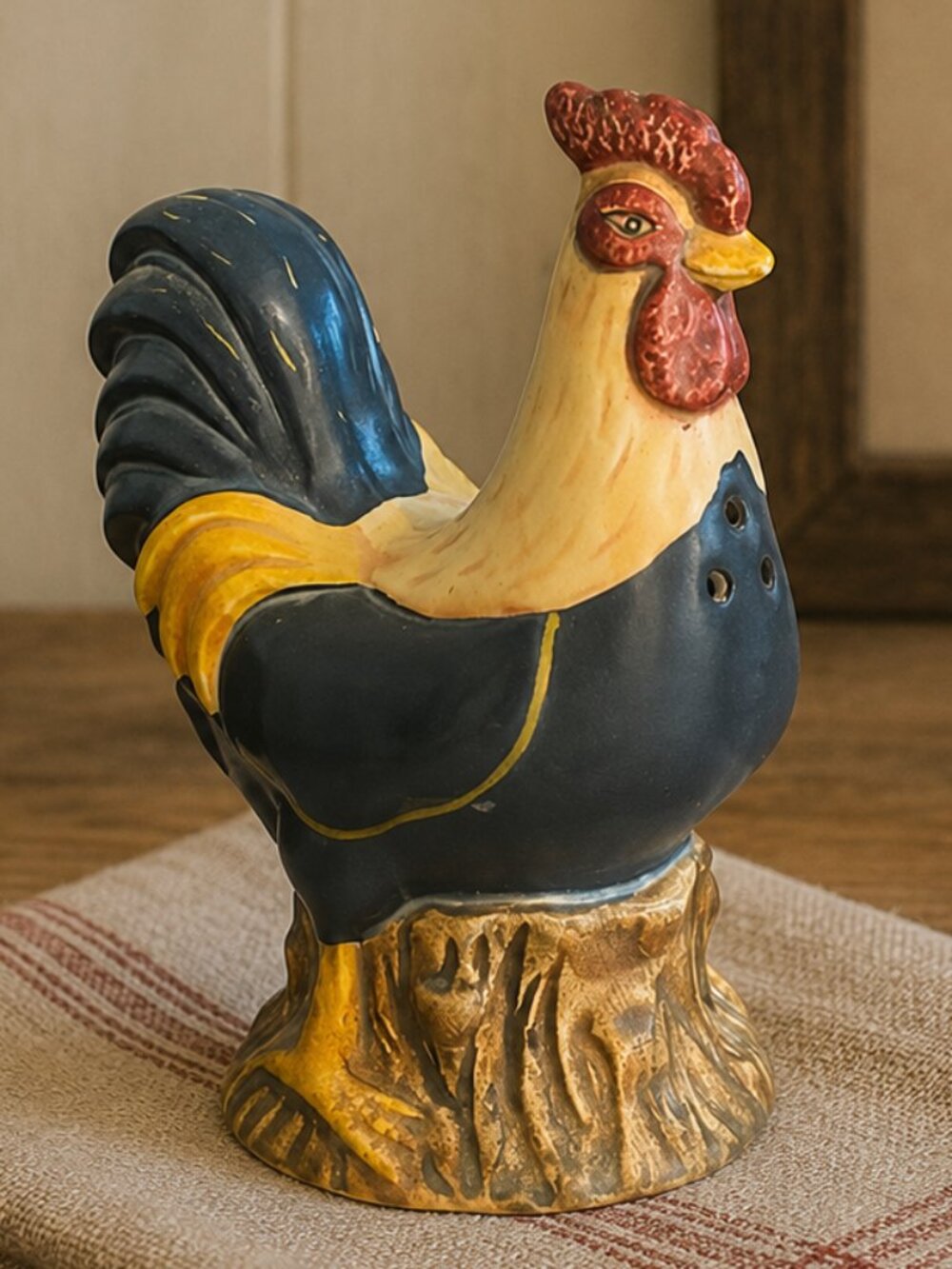 Vintage Hand Painted Ceramic Rooster Salt Shaker Rustic Cottage Tabletop Decor